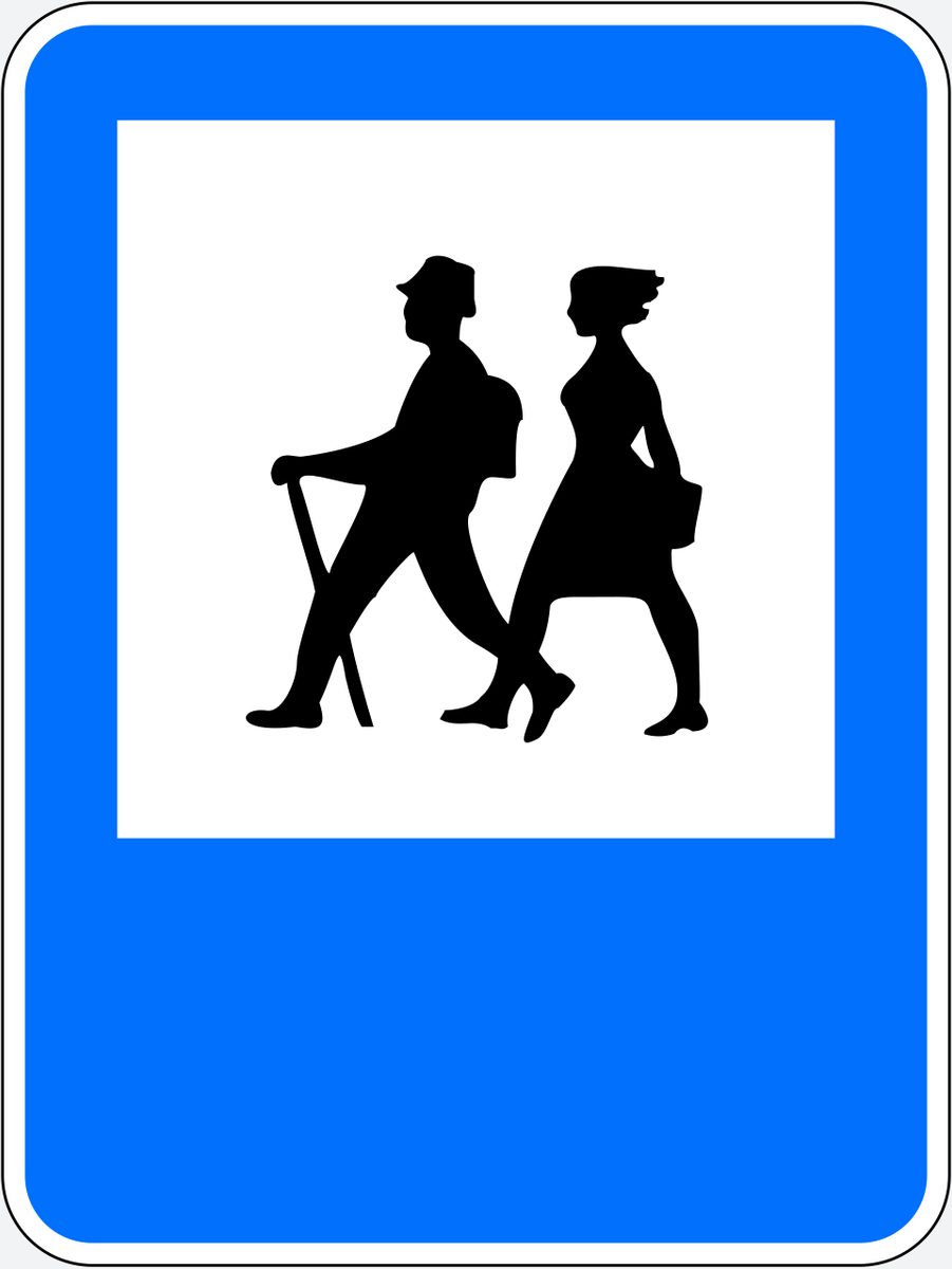 Blue rectangular panel with two black walking figures.