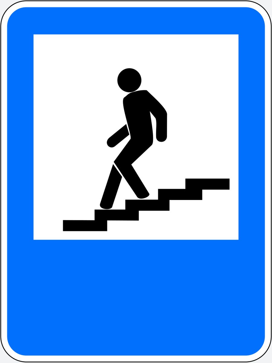 Blue rectangular panel showing a figure on steps.