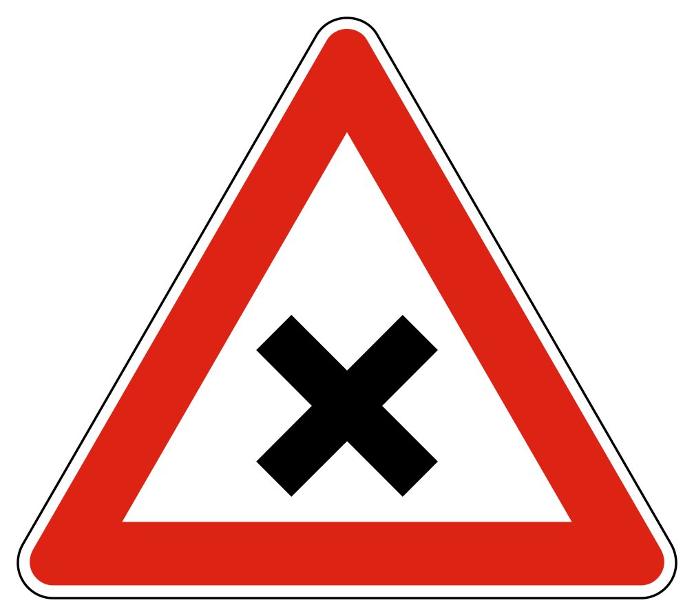 Red-bordered upright triangle containing a black diagonal cross.