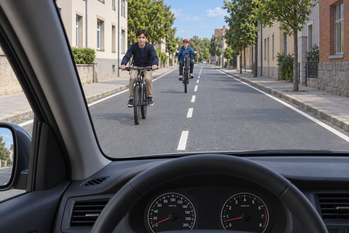Two cyclists face the viewer in the left lane; the farther rider wears a red cap and has the front wheel raised.