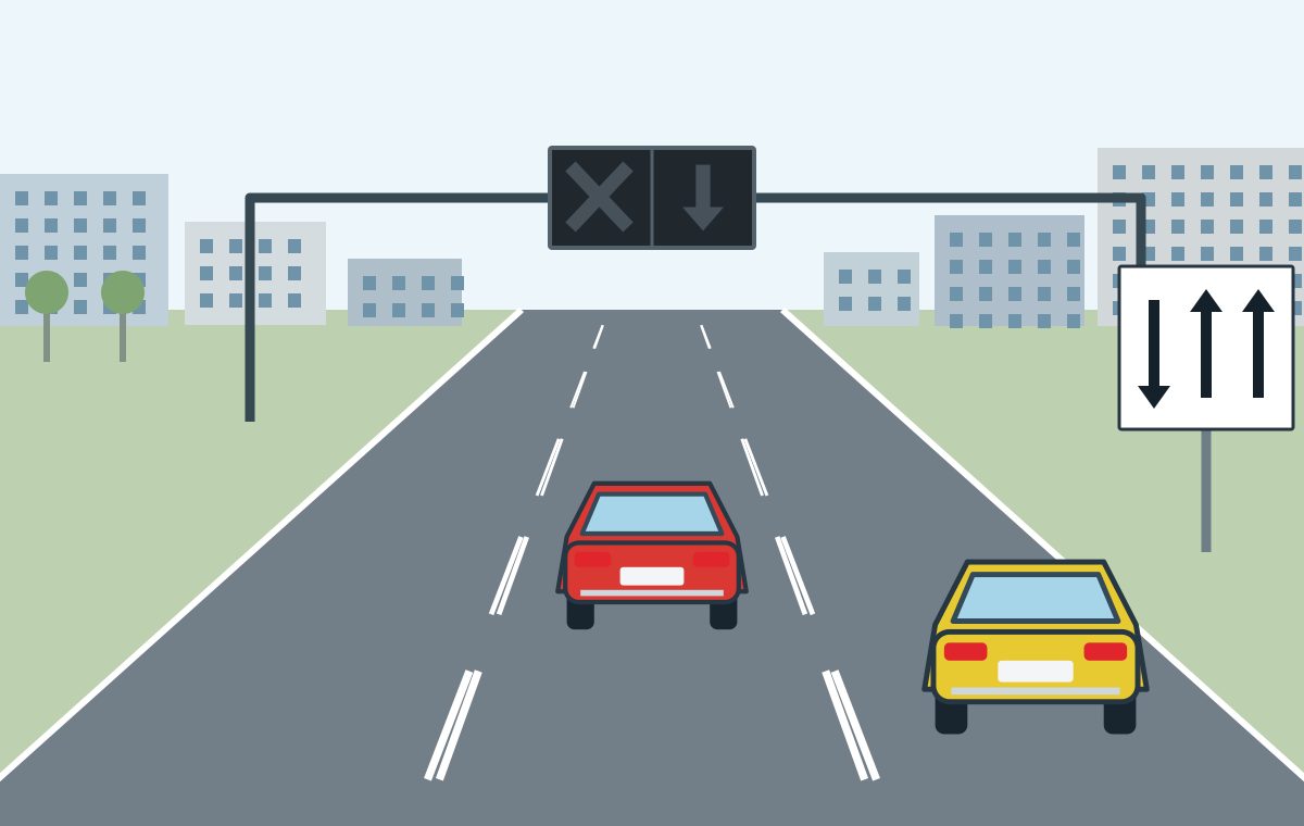 Red and yellow cars beneath an unlit lane-control signal, with a lane-direction sign at the right.