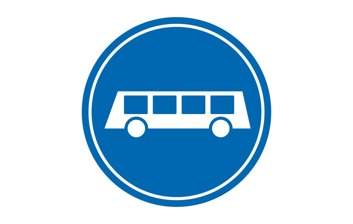 Blue circular sign with a white side-view bus symbol.