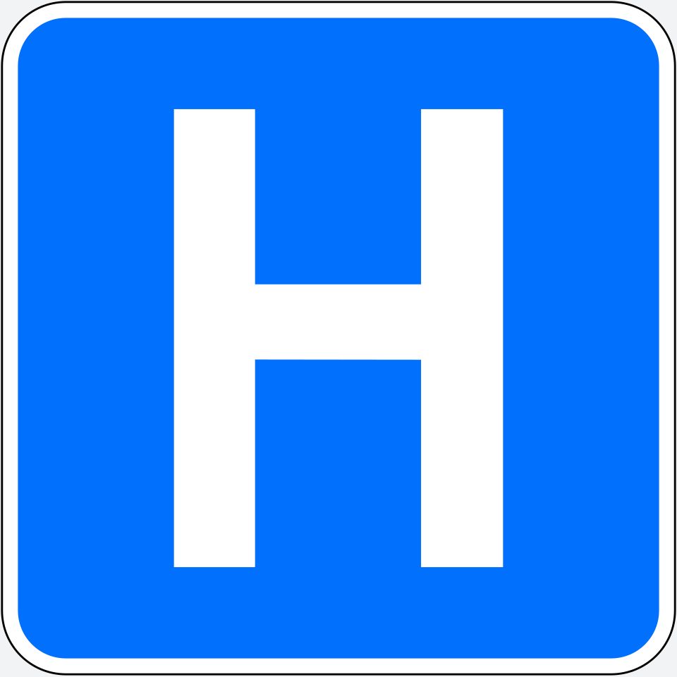 Blue square with a white border; a large white capital “H”.