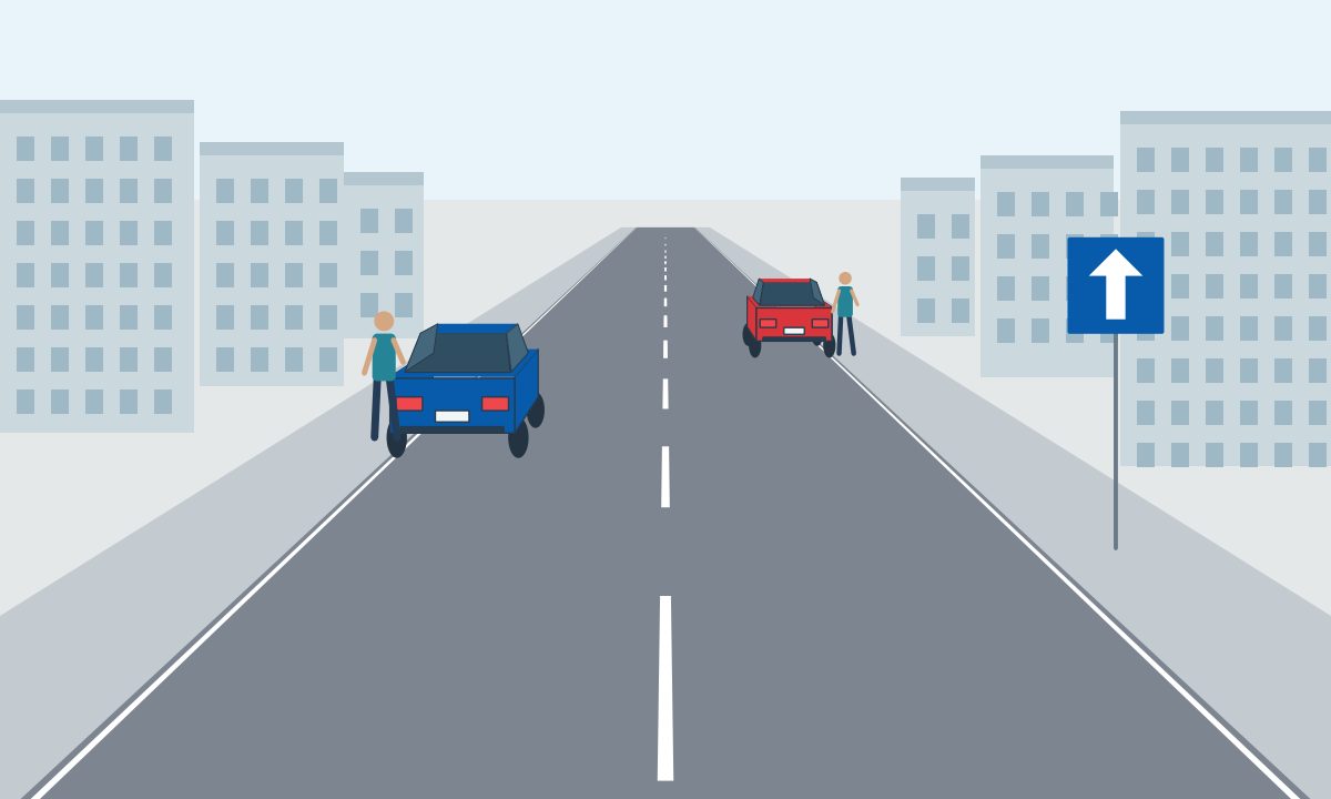 Blue and red cars on opposite sides of a street with an upward-arrow sign.