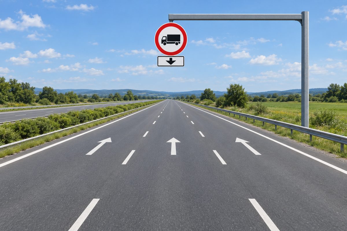 A rural divided road with three forward lanes and an overhead lorry symbol with a downward-arrow plate above the middle lane.
