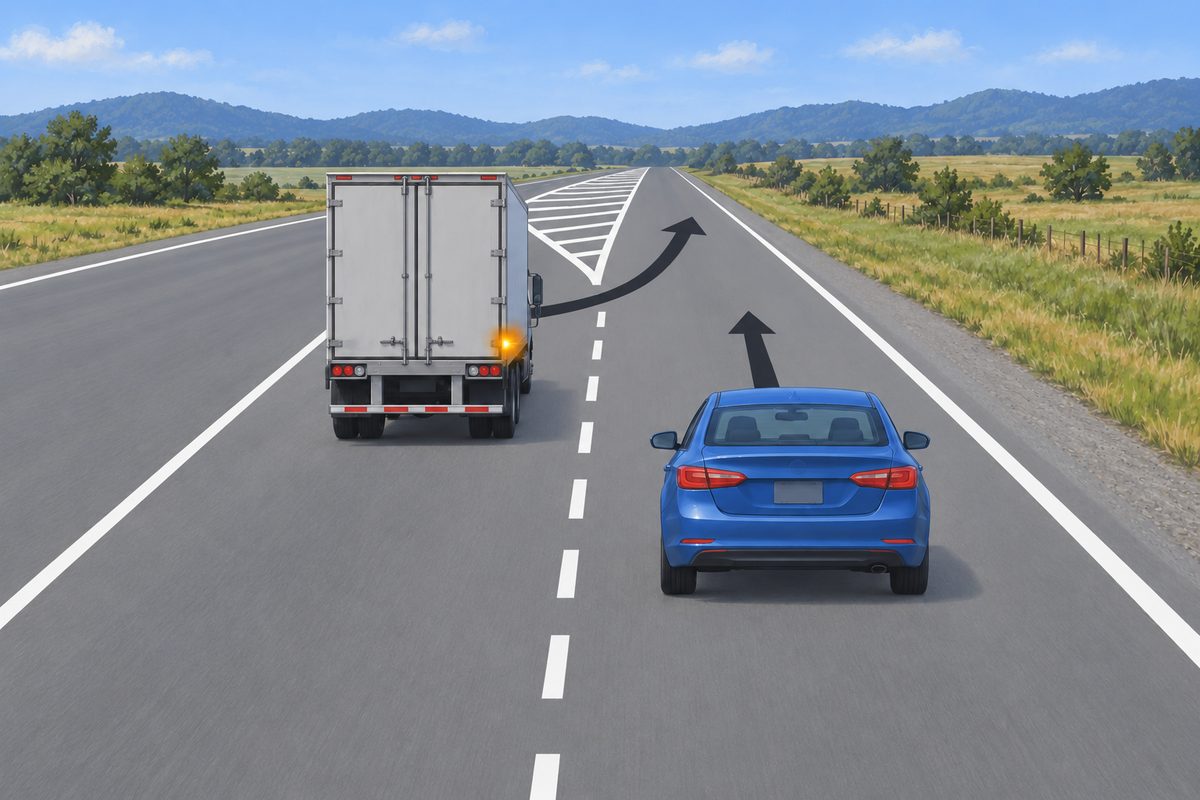 Gray box truck in the left lane and blue car in the right lane, with white hatching ahead, a curved rightward arrow and a straight arrow.