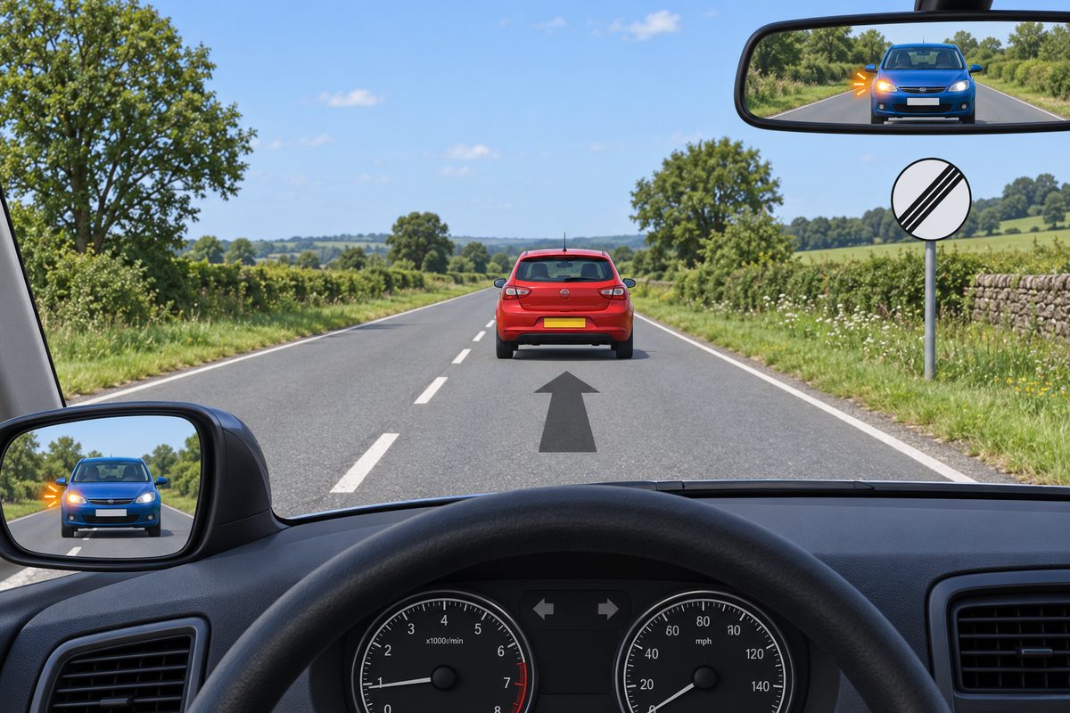 Driver view behind a red car with a broken white centre line and a straight arrow. Both mirrors show a blue car with an amber light on the left of its reflection. A white disc with diagonal black stripes stands on the right; dashboard arrows are gray.