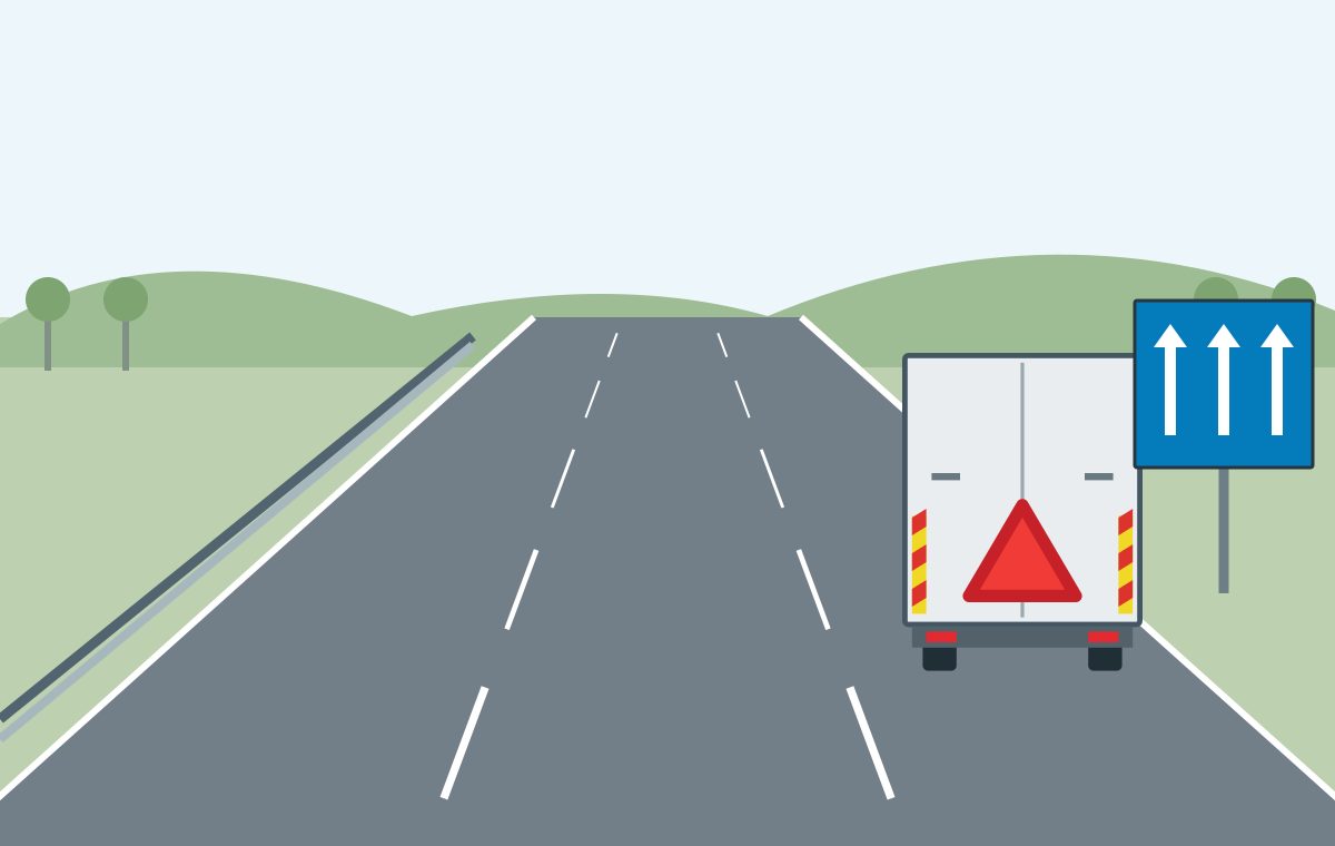 Grey vehicle with a triangular rear marker in the right lane, beside a three-arrow blue sign.