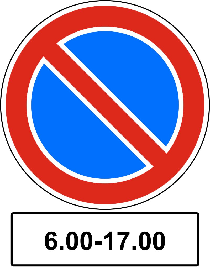 Blue circle with a red border and one red stripe from upper left to lower right. A white, black-bordered plate below reads “6.00-17.00”.