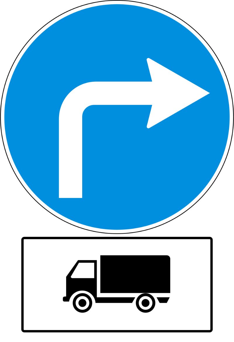 Blue circle with a thin white border; a white arrow rises vertically and bends right. A white, black-bordered plate below shows a black truck facing left.
