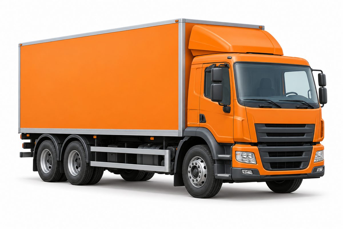 Orange road vehicle with a cab and enclosed load body.