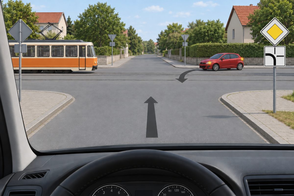 Driver view of a junction: an orange-and-cream tram approaches from the left on rails, a red car on the right signals a turn toward the foreground, and the driver’s arrow points straight. A yellow diamond stands above a plate with a thick bottom-to-left route and thin top and right branches.