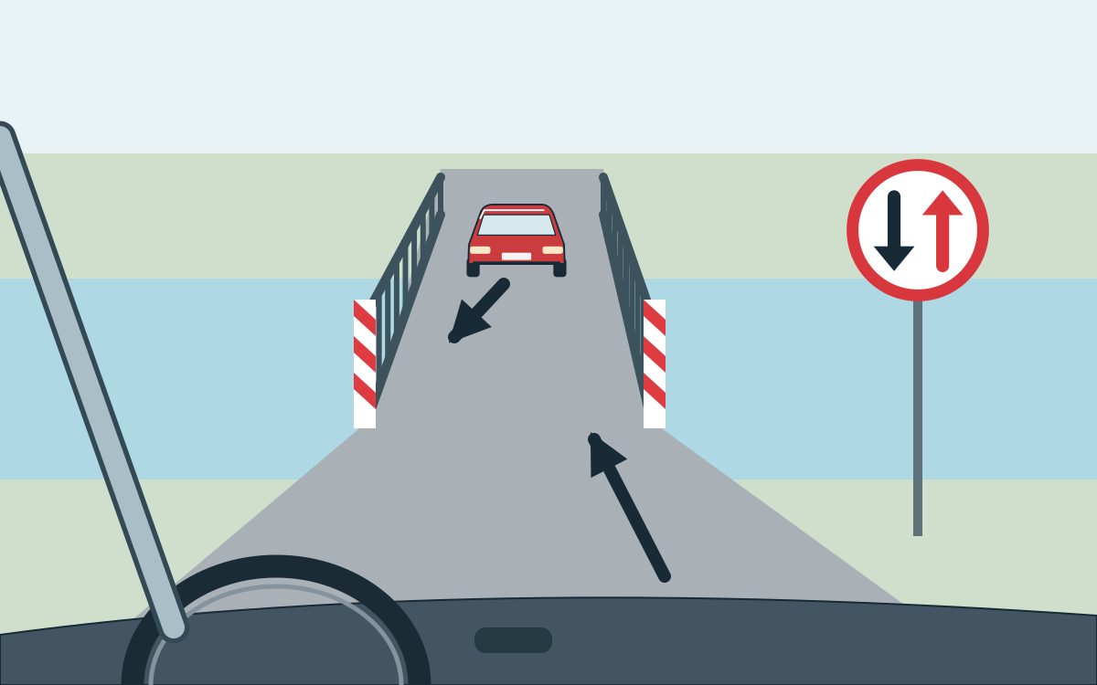 View through a windscreen toward a narrow bridge with striped edge panels and an approaching red car. A forward arrow lies ahead; a red-ringed white disc on the right has a black down arrow on the left and a red up arrow on the right.
