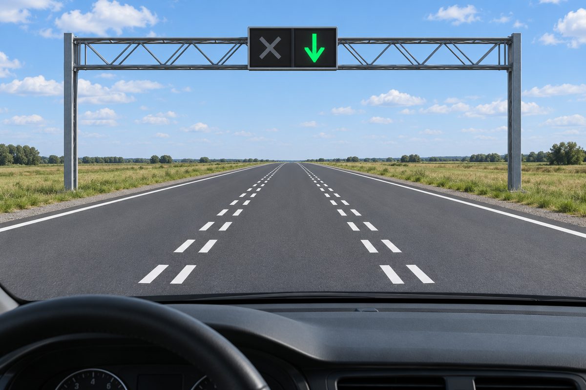 Open rural road viewed from a car. Above a lane with double broken boundaries, the left X is dark and the right downward arrow is green.