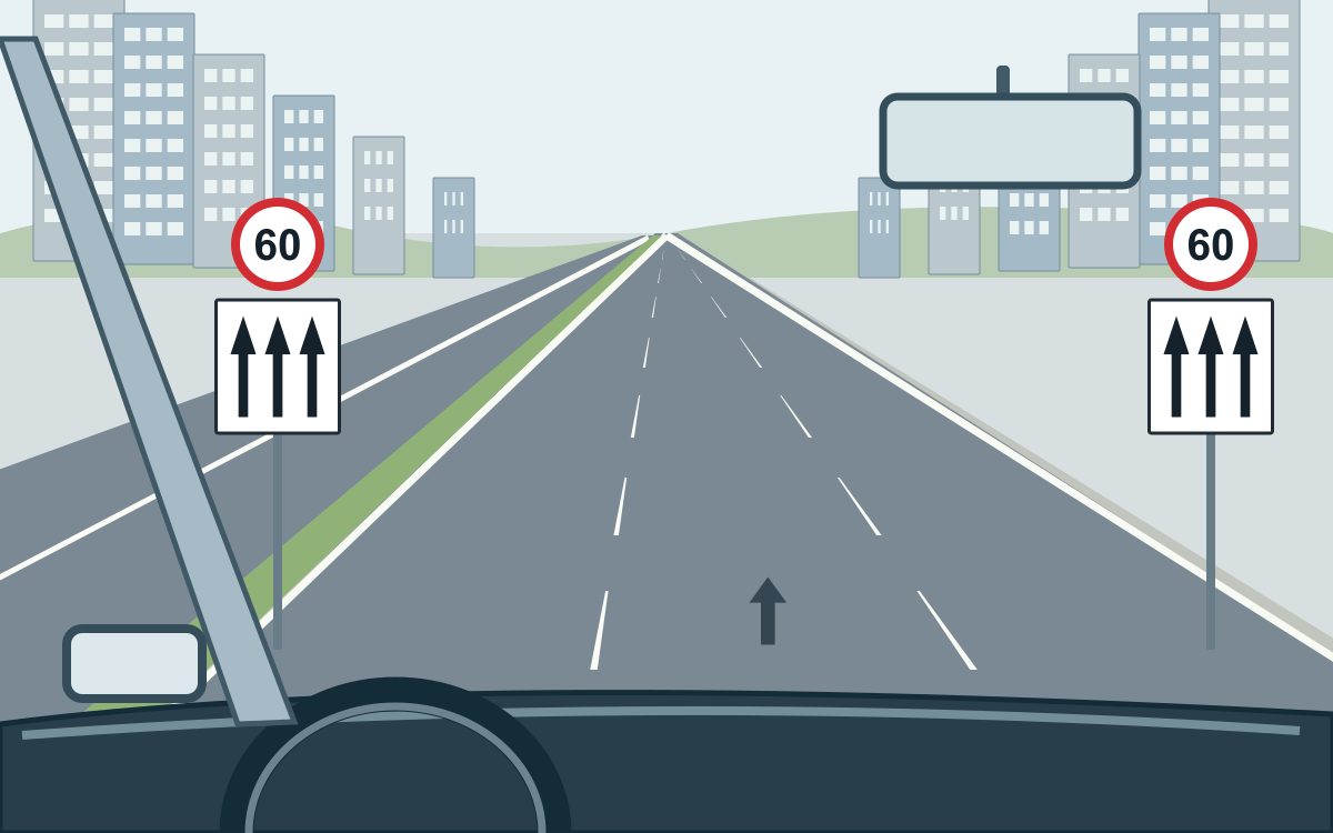 Driver view along an empty three-lane urban carriageway; on both sides, a white circle with a red border and black numerals 60 sits above a white rectangular panel with a black border and three black upward arrows.