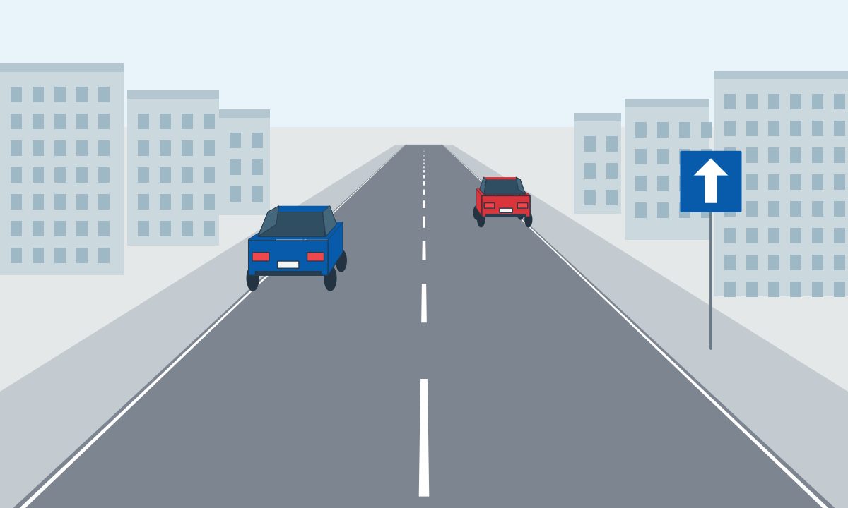 Blue and red cars beside opposite kerbs, with an upward-arrow sign.