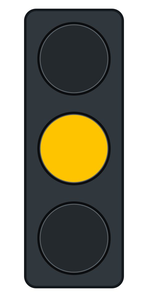A three-lamp traffic signal with the middle amber lamp illuminated and the top and bottom lamps dark.