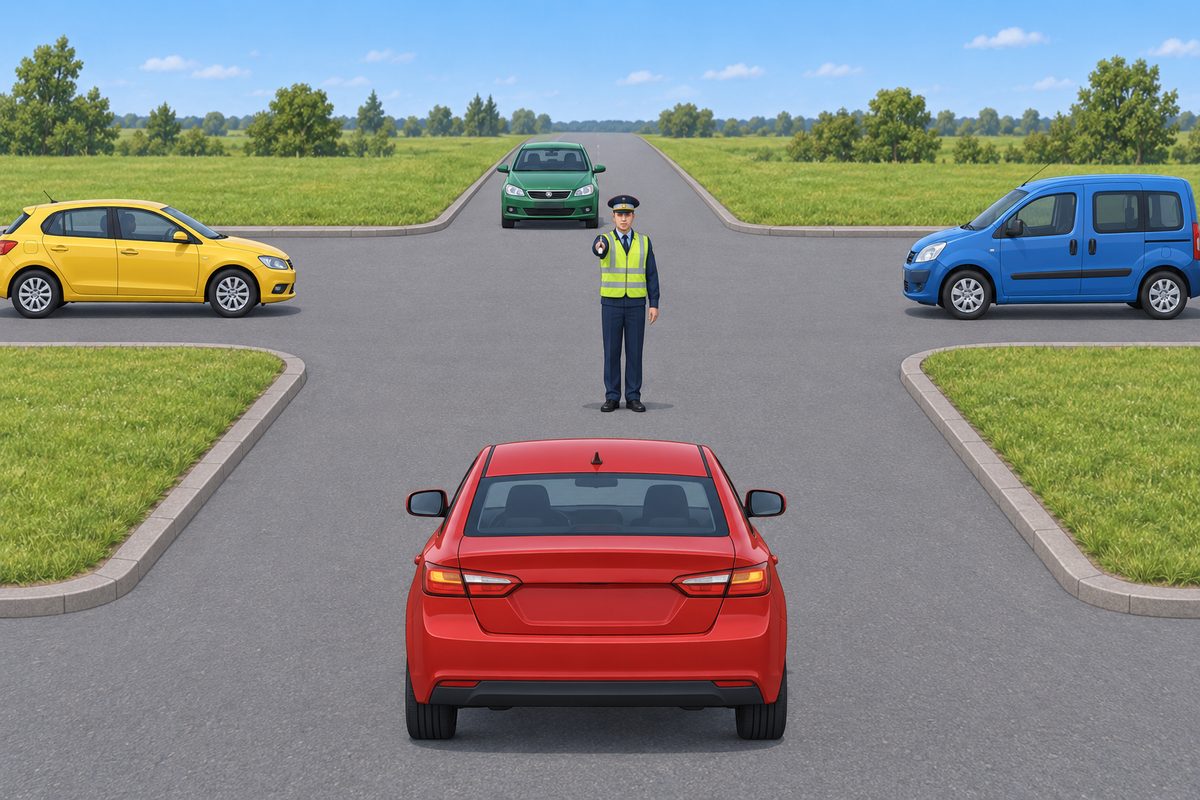 A junction with a red sedan in the foreground, green sedan opposite, yellow hatchback left and blue passenger van right. A traffic controller faces the foreground with his right arm extended forward.
