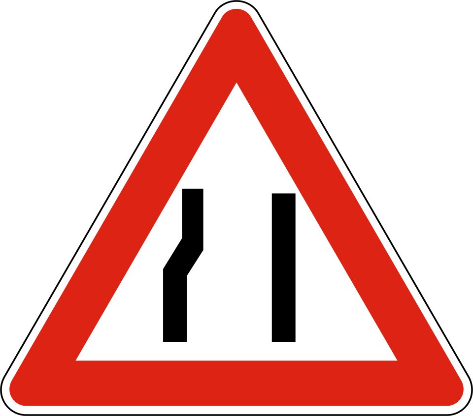 Red-bordered upright triangle; right black road edge vertical, left edge bends inward toward the top.