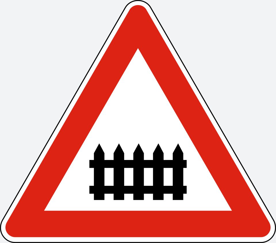 Red-bordered triangle with a black fence-like symbol.