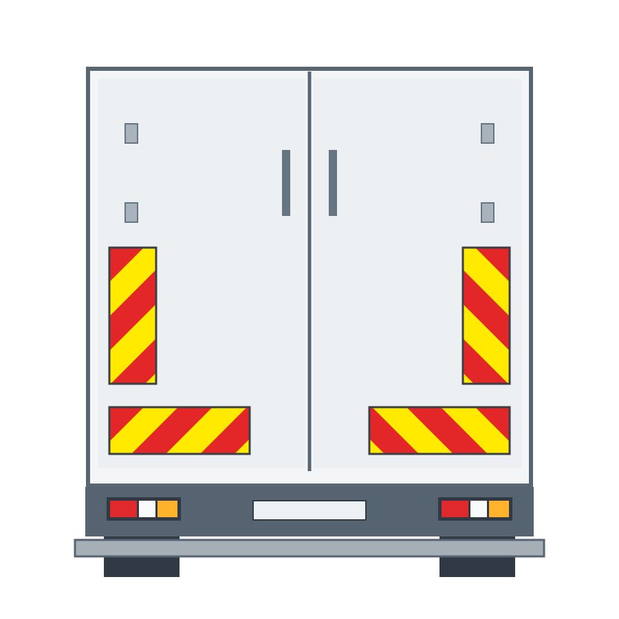 Rear of a vehicle with red-and-yellow striped panels arranged in two L shapes.