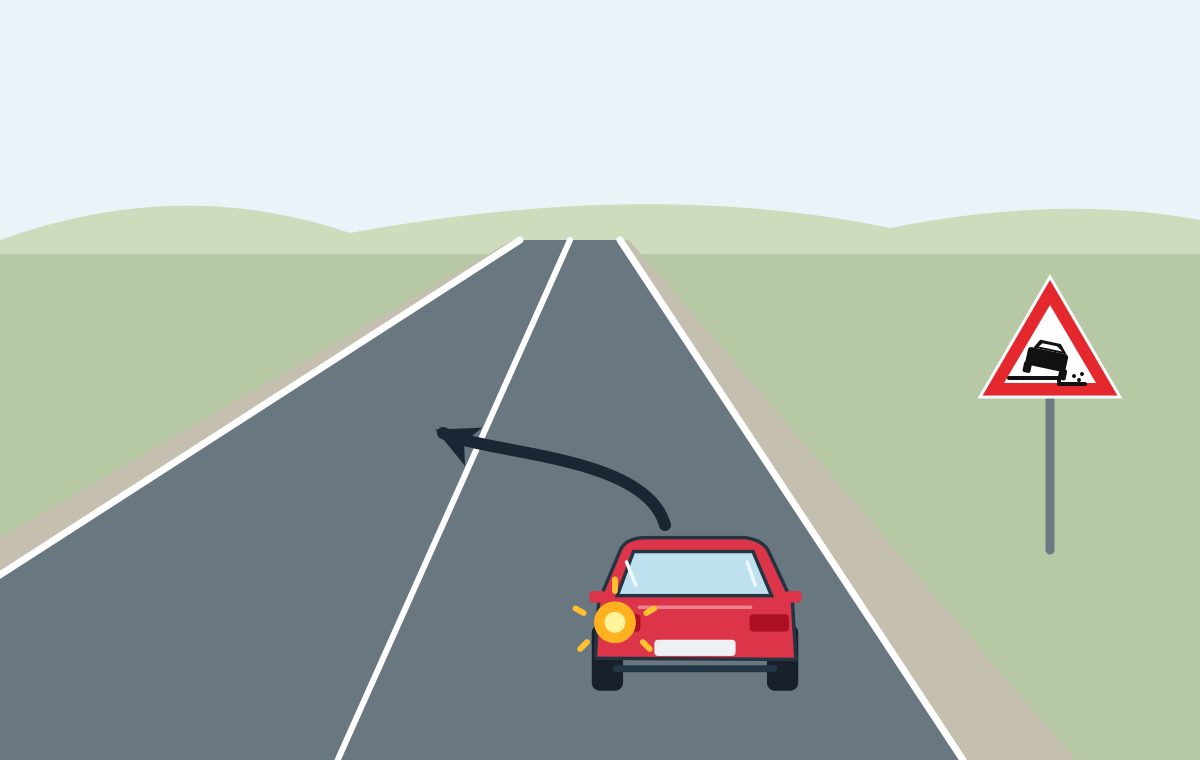 Red car signals left beside a solid centre line, with a curved leftward path and a shoulder warning sign.