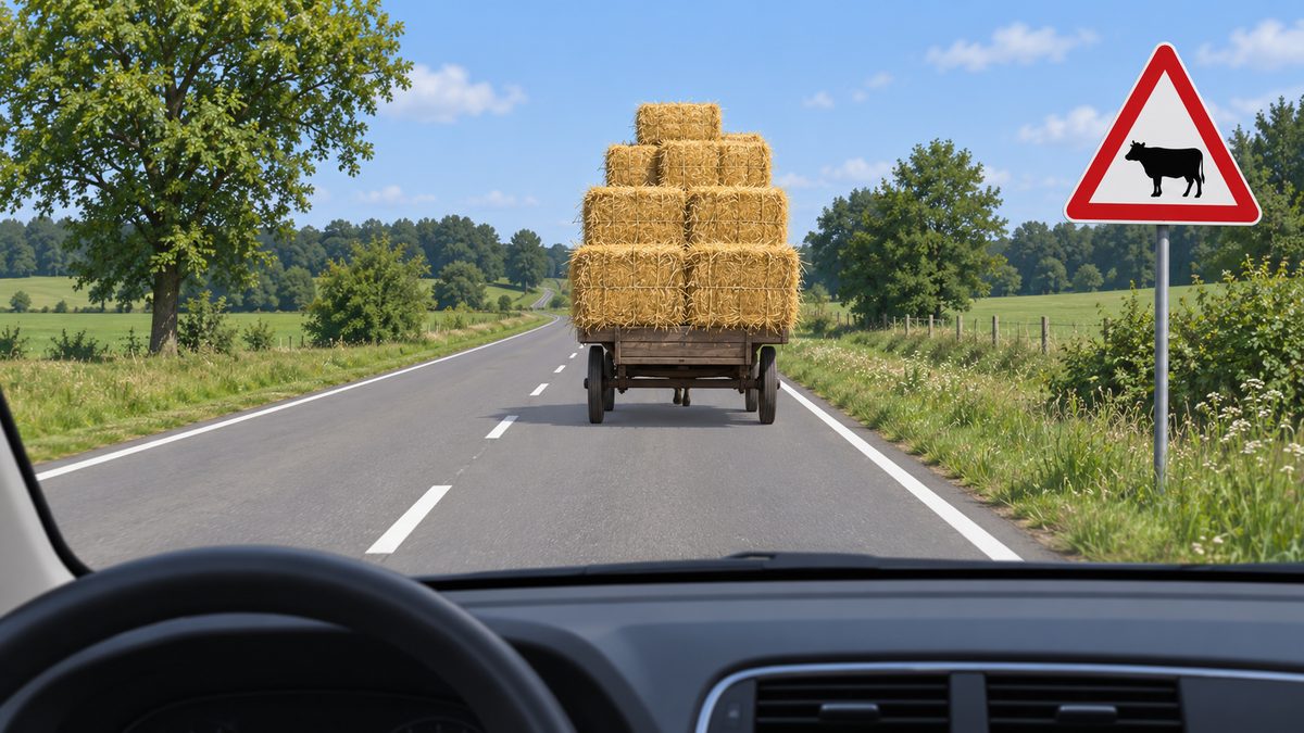 A cart carrying a high load of hay on a two-way road.