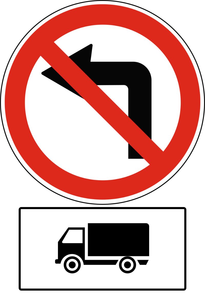White circle with a red border; a black arrow rising then bending left, crossed by a red stripe from upper left to lower right. A white, black-bordered plate below shows a black truck facing left.