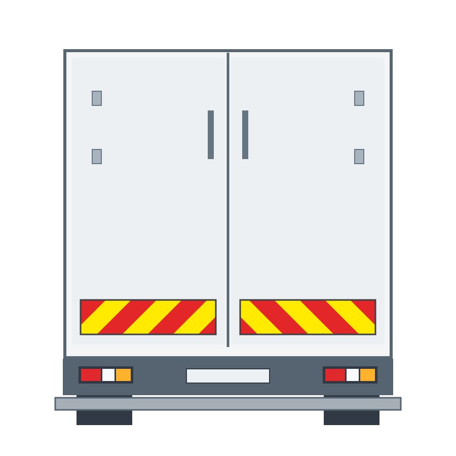 Rear of a vehicle with two horizontal panels of red and yellow diagonal stripes.