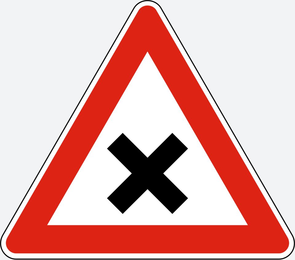 Red-bordered upright triangle; black diagonal cross of equal-width arms.
