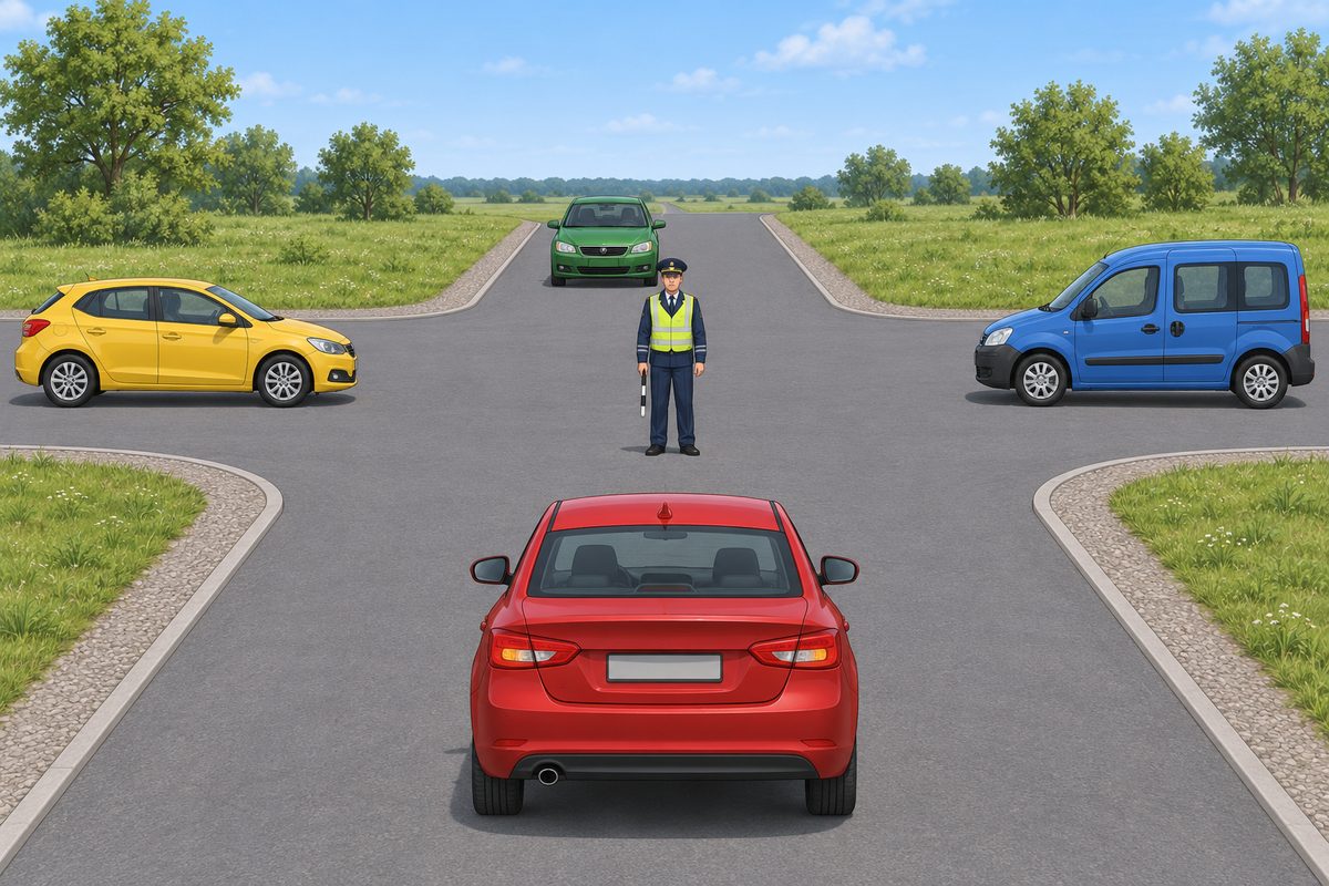 A junction with a red sedan in the foreground, green sedan opposite, yellow hatchback left and blue passenger van right. A traffic controller faces the foreground with both arms lowered.