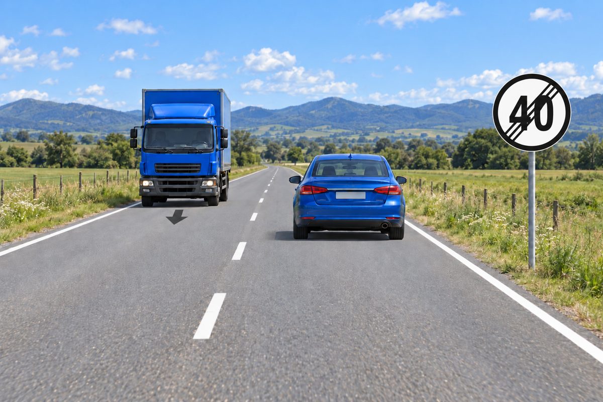 A blue car travelling away in the right lane, a blue truck approaching in the left lane, and a crossed circular 40 sign at right.