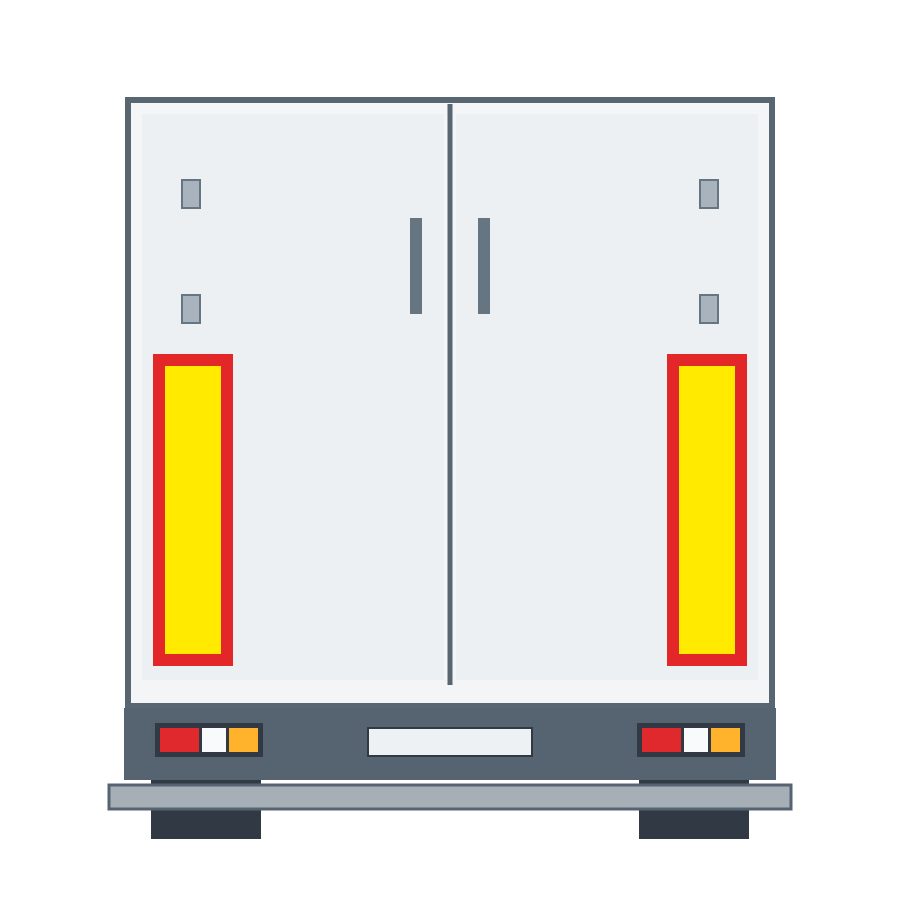 Rear of a vehicle with two vertical yellow panels outlined in red.