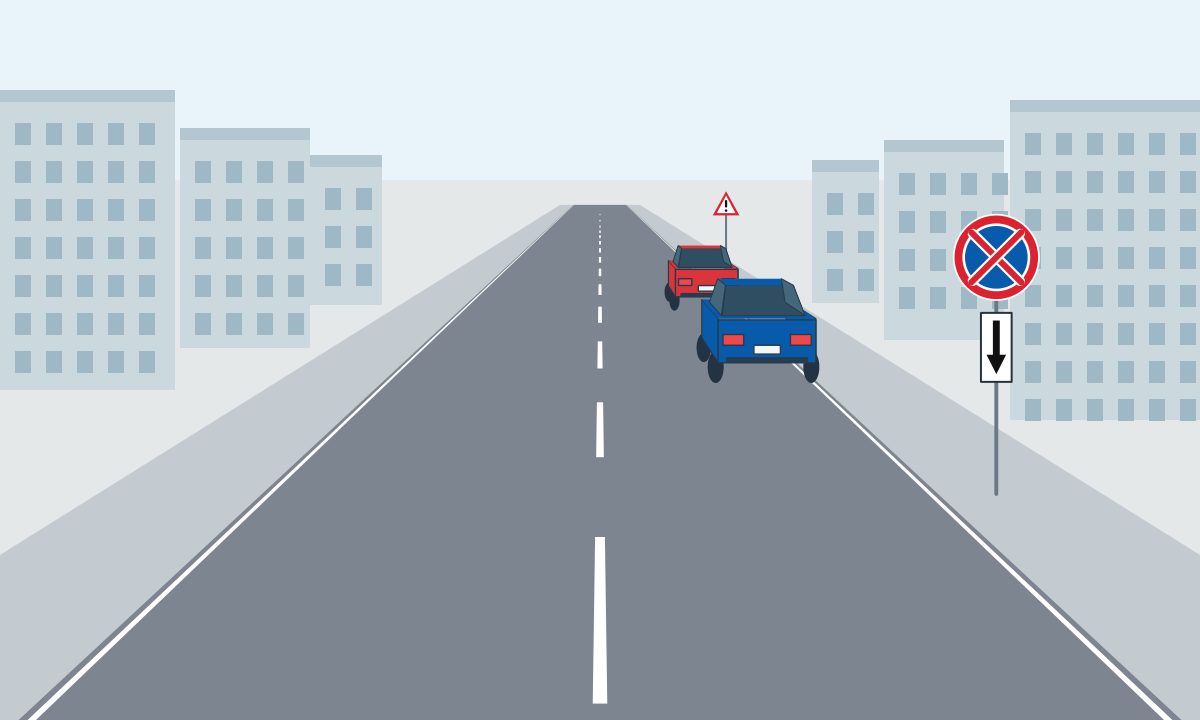 Red and blue cars beside a kerb, with a circular sign and downward-arrow plate.