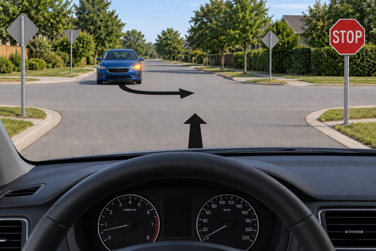 Windscreen view of an oncoming blue car, its screen-right amber lamp lit, with a black arrow curving right across the foreground straight arrow. Dashboard arrows are unlit. A red octagonal STOP sign faces the viewer on the right, a grey inverted triangle stands opposite, and grey diamond backs are on the side approaches.