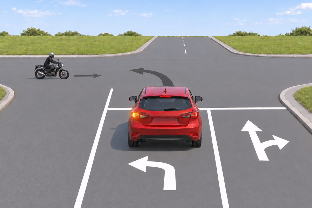 A red car signals a left turn while a motorcycle approaches from the left in the near half of the crossroad, intending to continue straight across the unsigned junction.
