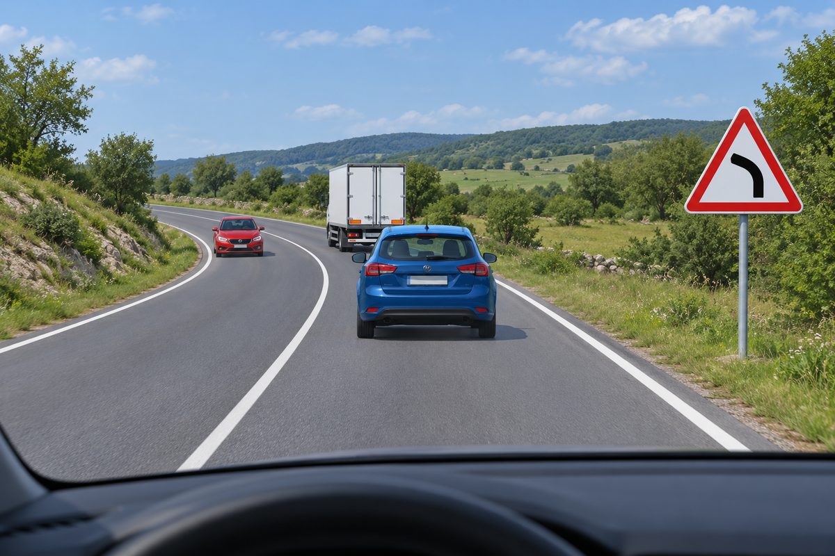 A country road bends left, with a blue car and white lorry ahead, a red car approaching, and a triangular bend sign on the right.