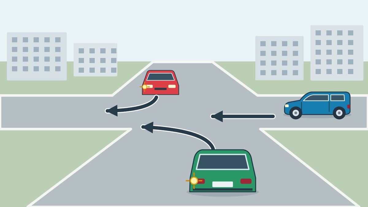 An unsigned junction with a green foreground car turning left, an opposing red car turning right, and a blue car approaching from the right going straight.