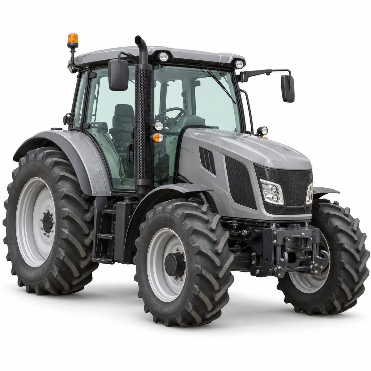 Grey agricultural vehicle with large rear tyres and smaller front tyres.