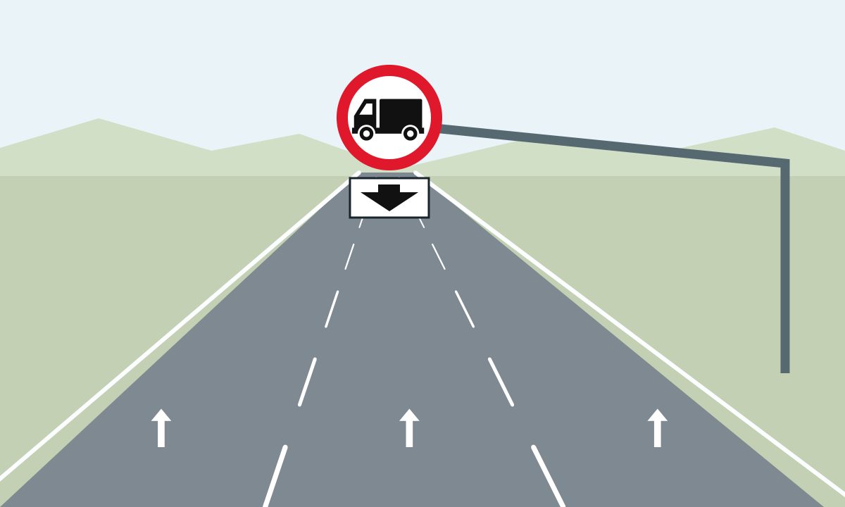 An overhead red-ringed truck symbol and a downward arrow above the middle of three marked lanes.