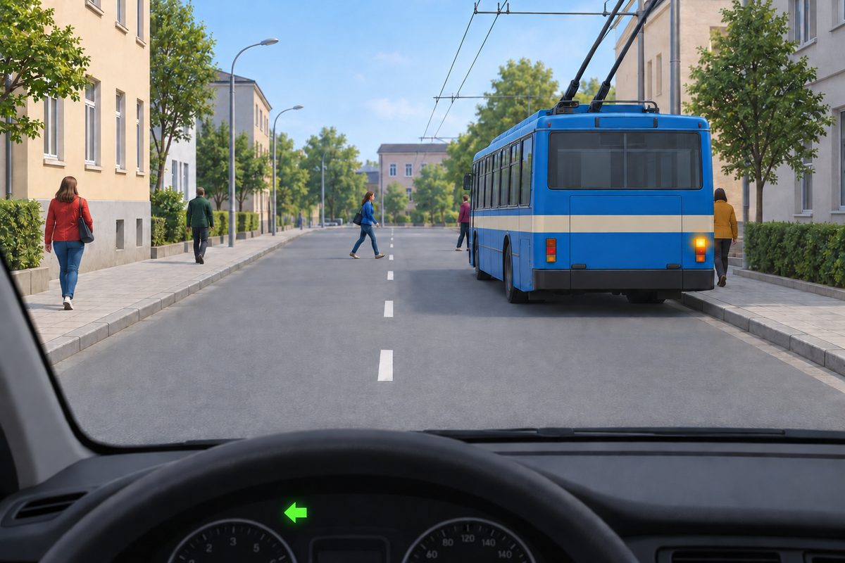 Driver’s view of a blue trolleybus at the right kerb, pedestrians ahead and beside it, a lit right rear indicator, and a green left dashboard indicator.