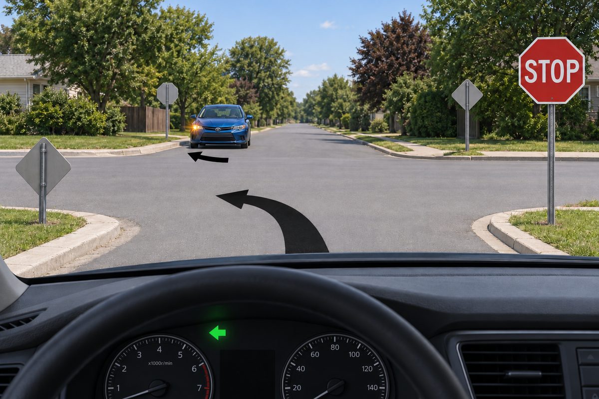 Windscreen view of an oncoming blue car with its screen-left amber lamp lit. Both road arrows curve left and the dashboard left arrow is green. A red STOP sign faces the viewer at near-right. A grey octagonal back stands across the junction at far-left beside the blue car; grey diamond backs stand at near-left and far-right.