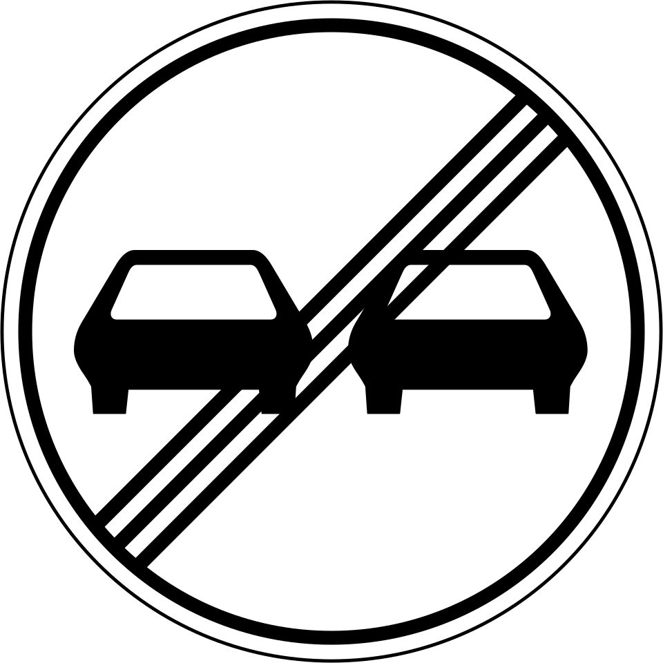 White circular sign with a black border, two cars and three black diagonal bars rising to the right.