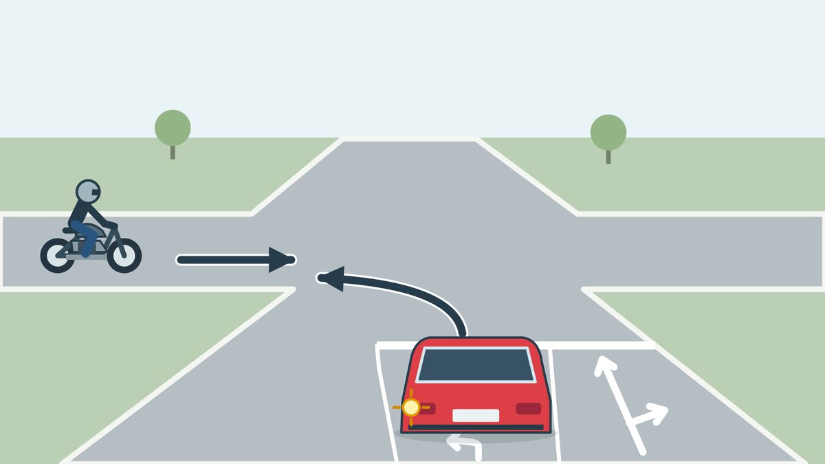 A rural unsigned junction: a red car indicates left from a left-turn lane and a motorcyclist approaches from the left going straight; the adjacent lane allows straight or right. A white transverse approach line extends beside the red car across the adjacent lane.