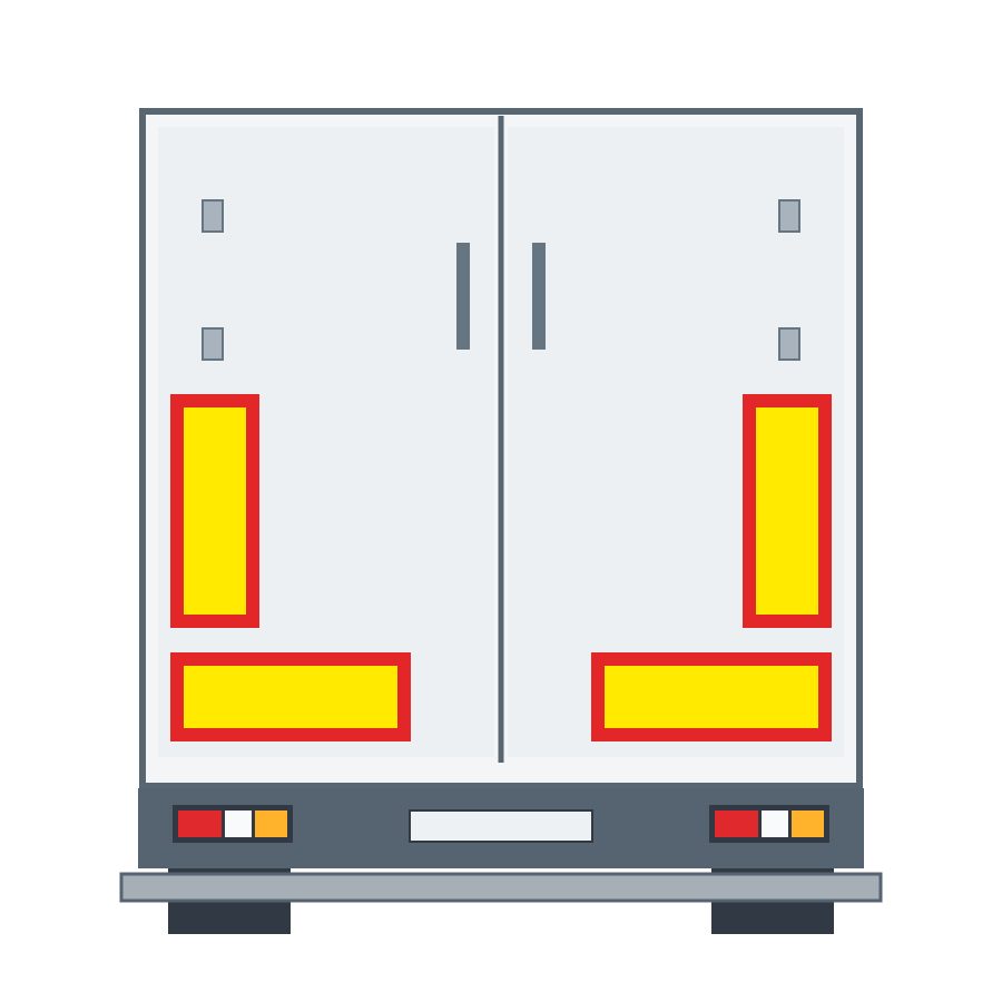 Rear of a vehicle with four yellow panels outlined in red, arranged in two L shapes.