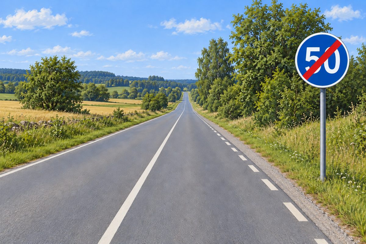 Empty rural two-way road with a continuous white centre line and dashed right edge beside a blue circular sign with white 50 crossed by a red diagonal stripe.