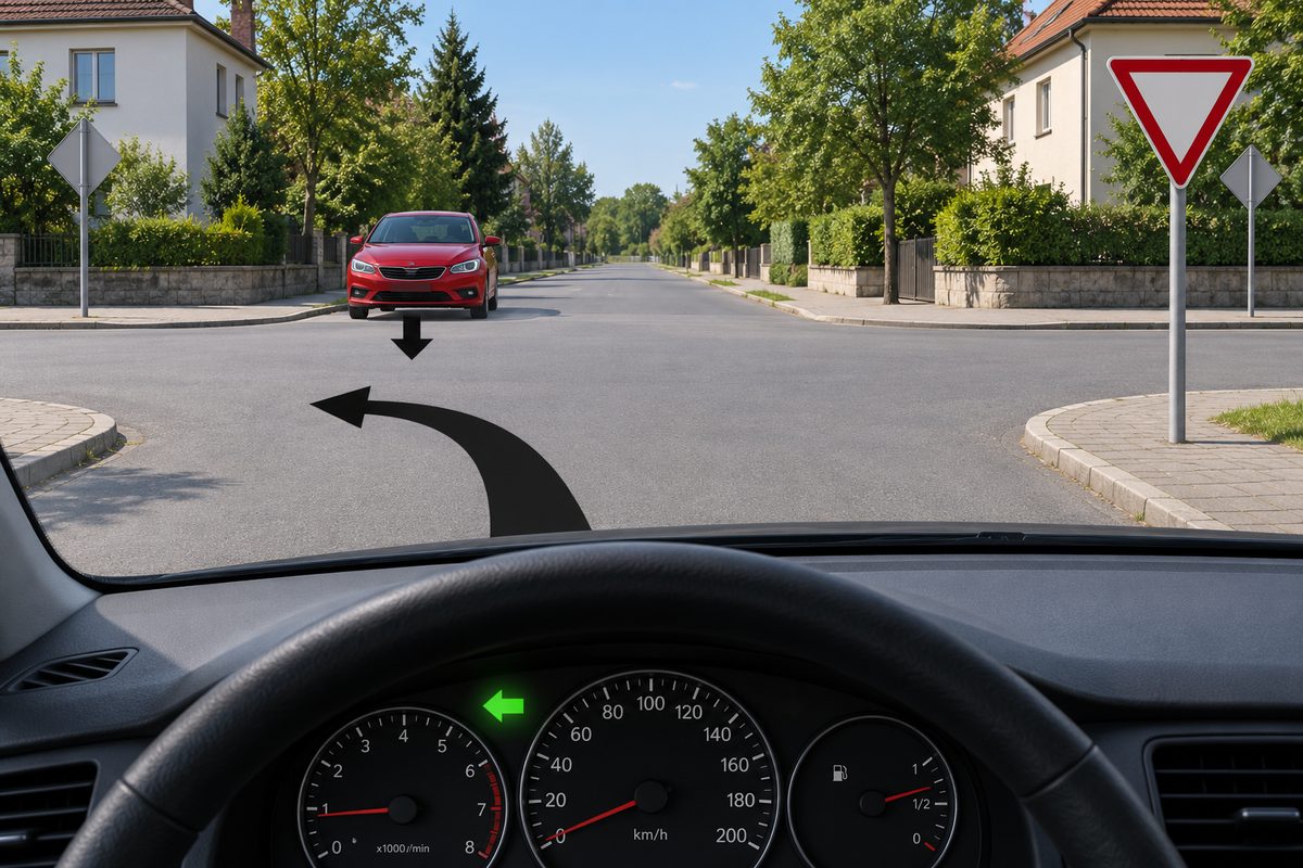 Windscreen view of an oncoming red car with a black arrow pointing toward the viewer. The foreground arrow curves left and the dashboard left arrow is green. A red-bordered inverted triangle faces the viewer on the right; grey diamond backs stand beyond the crossroads.