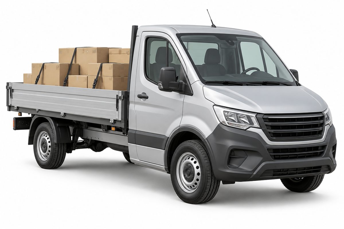 Grey vehicle with a cab and open load bed carrying boxes.
