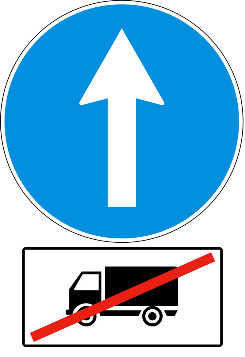Blue circle with a thin white border; one white arrow pointing straight up. A white, black-bordered plate below shows a black truck facing left, crossed by a red stripe rising to the right.