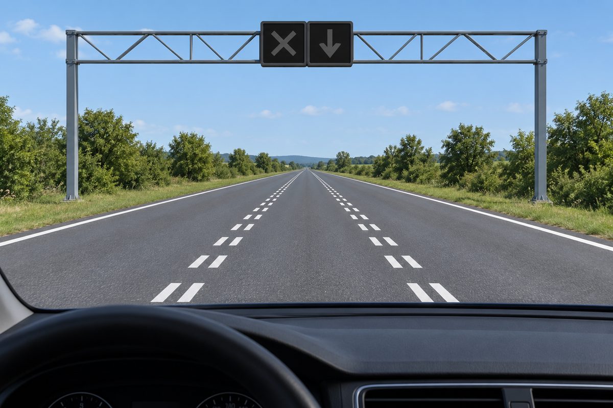 Rural lane with double broken boundaries; overhead X and downward-arrow panels both dark, with no lane-direction sign.